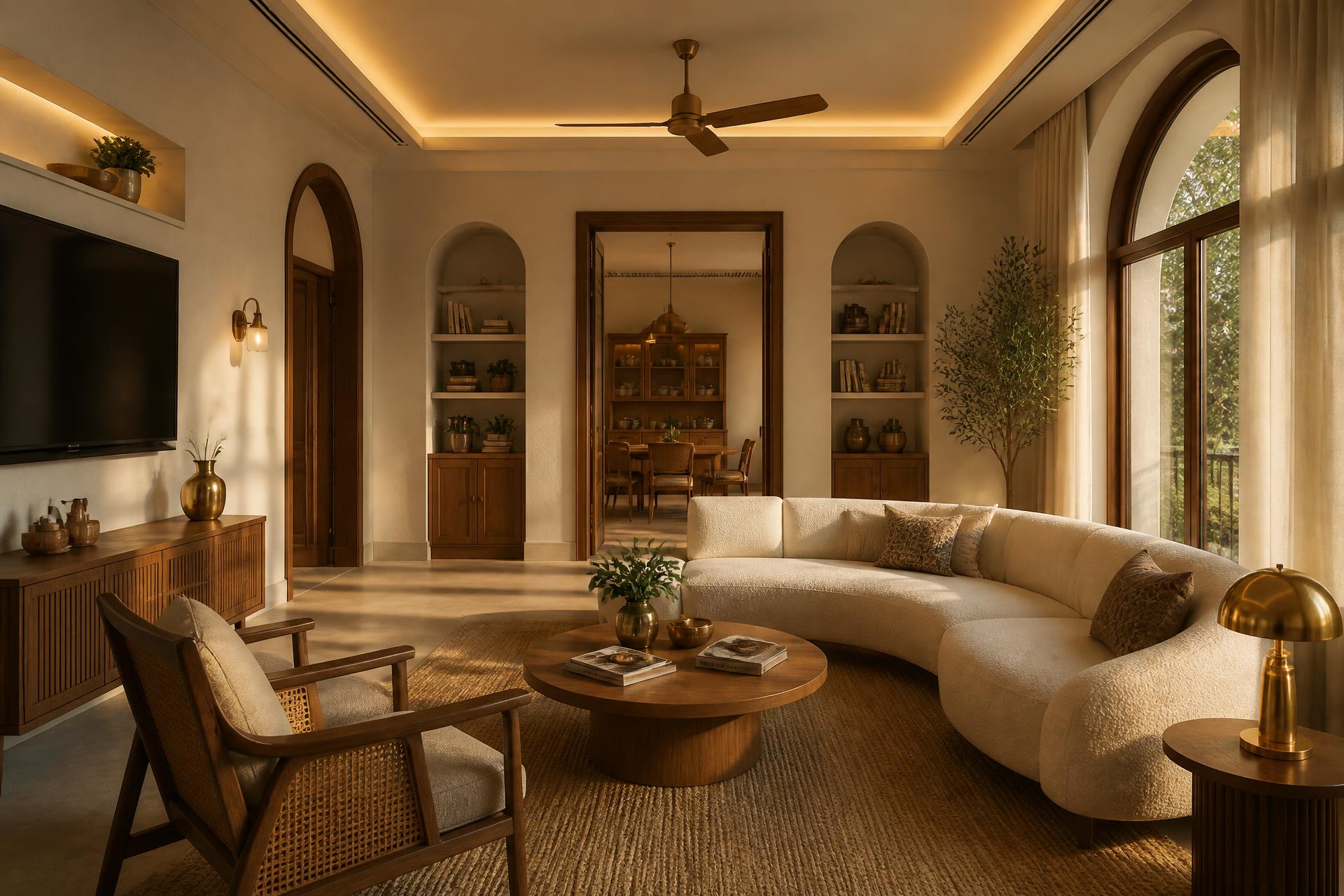 Photoreal 3D interior rendering of a warm modern living room with curved boucle sofa, walnut wood, brass accents and arched windows